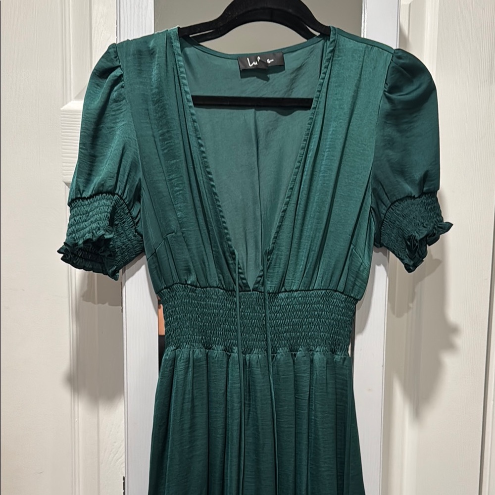 Lulu's Green Smocked Midi Dress with Puff Sleeves